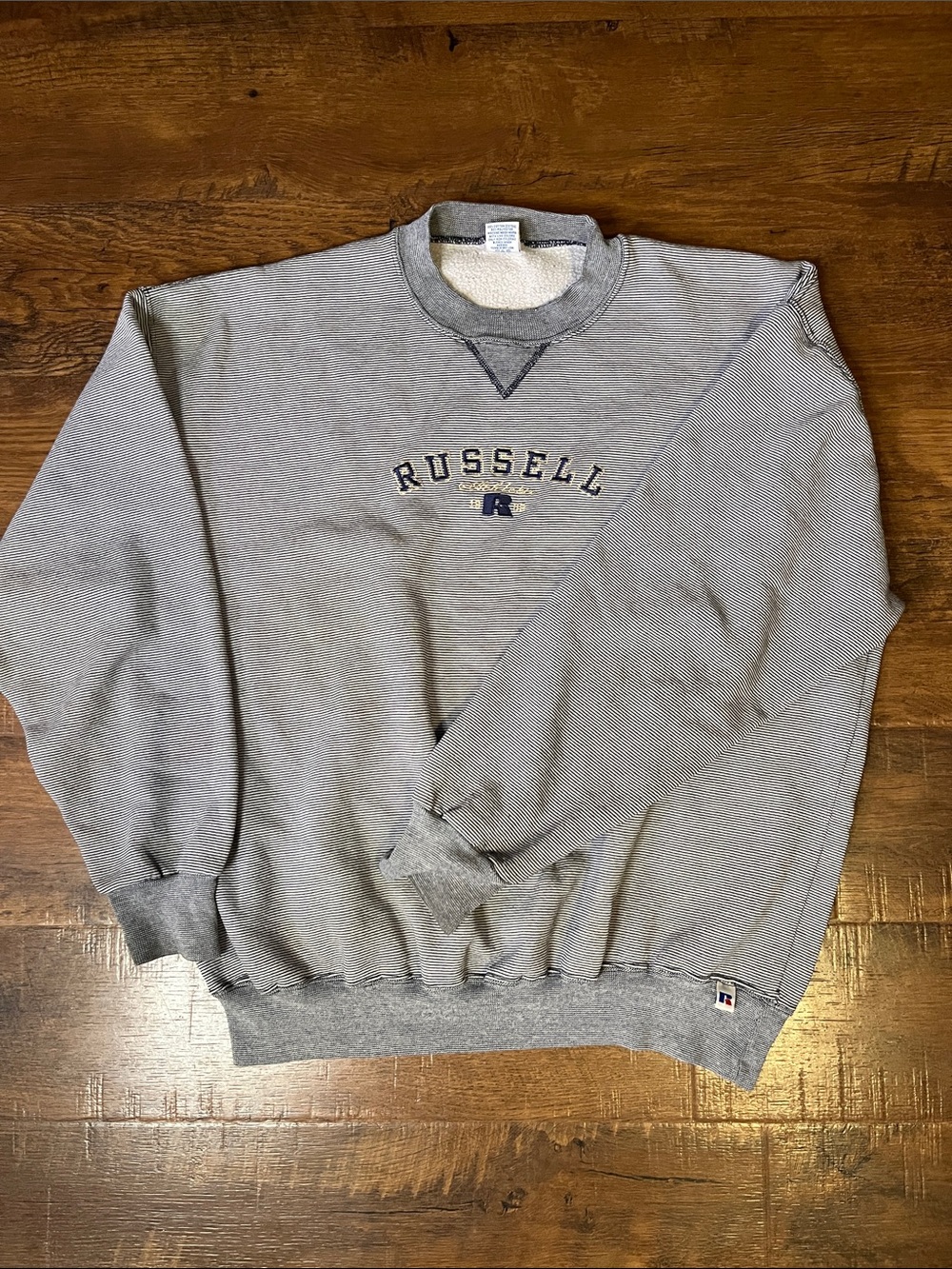 Vintage Russell Athletic Gray Micro Striped Crewneck Sweatshirt with Navy Logo